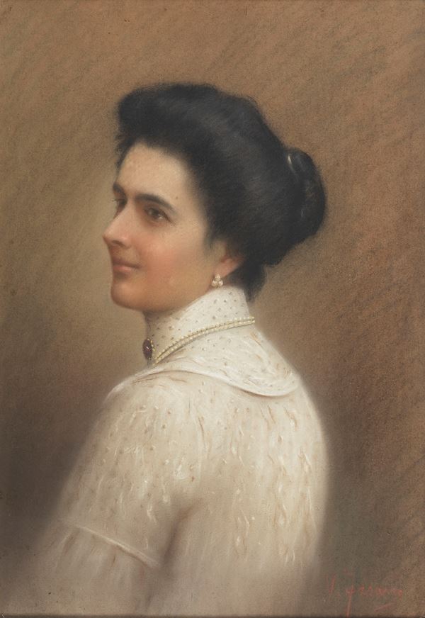 Pittore Italiano Fine XIX Secolo - Firmato. "Ritratto di giovane nobildonna con perle", pastello su carta in cornice in legno dorato