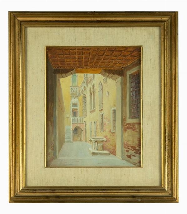Pittore Italiano XX Secolo - &quot;Interno di antico palazzo con cortile&quot; dipinto ad olio