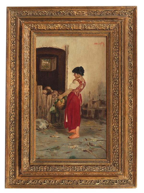 Natale Attanasio - Firmato. "Popolana con caprette", dipinto ad olio su tela in cornice in legno dorato e intagliato a stucco