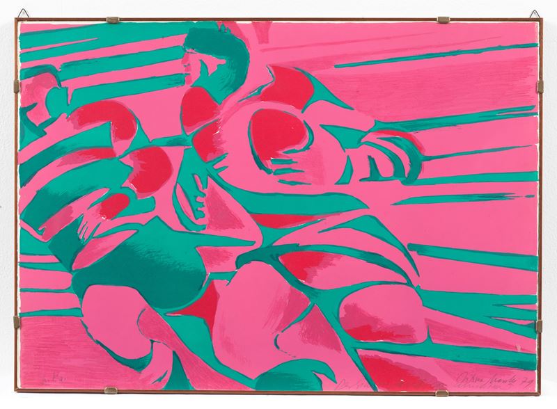 Firmata e datata 1979. "Giocatore di Rugby", Prova d'Autore acquarellata su carta, cornice a gior...