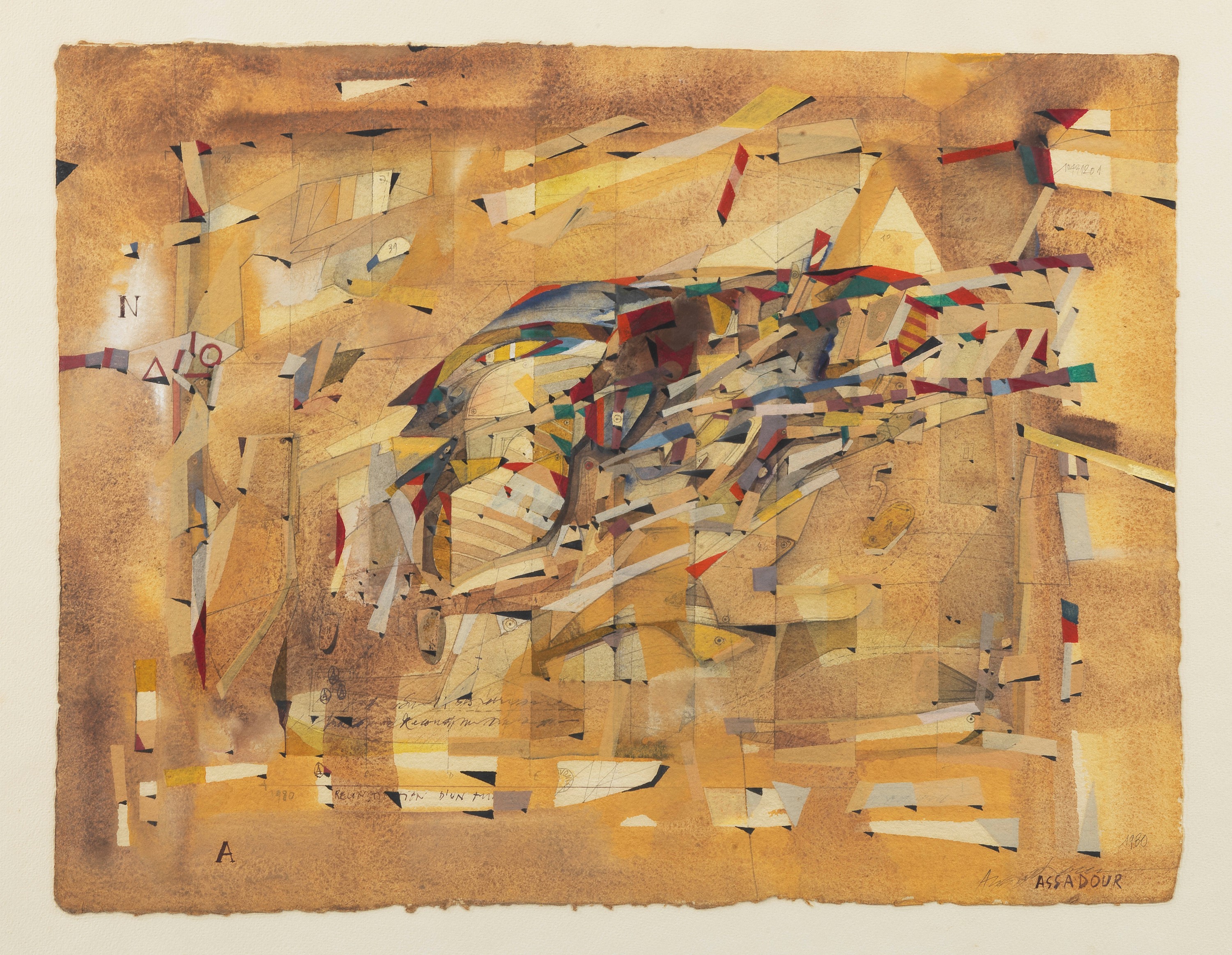 Firmato e datato 1980. "Senza titolo", acquarello e tempera su carta, cornicetta in noce