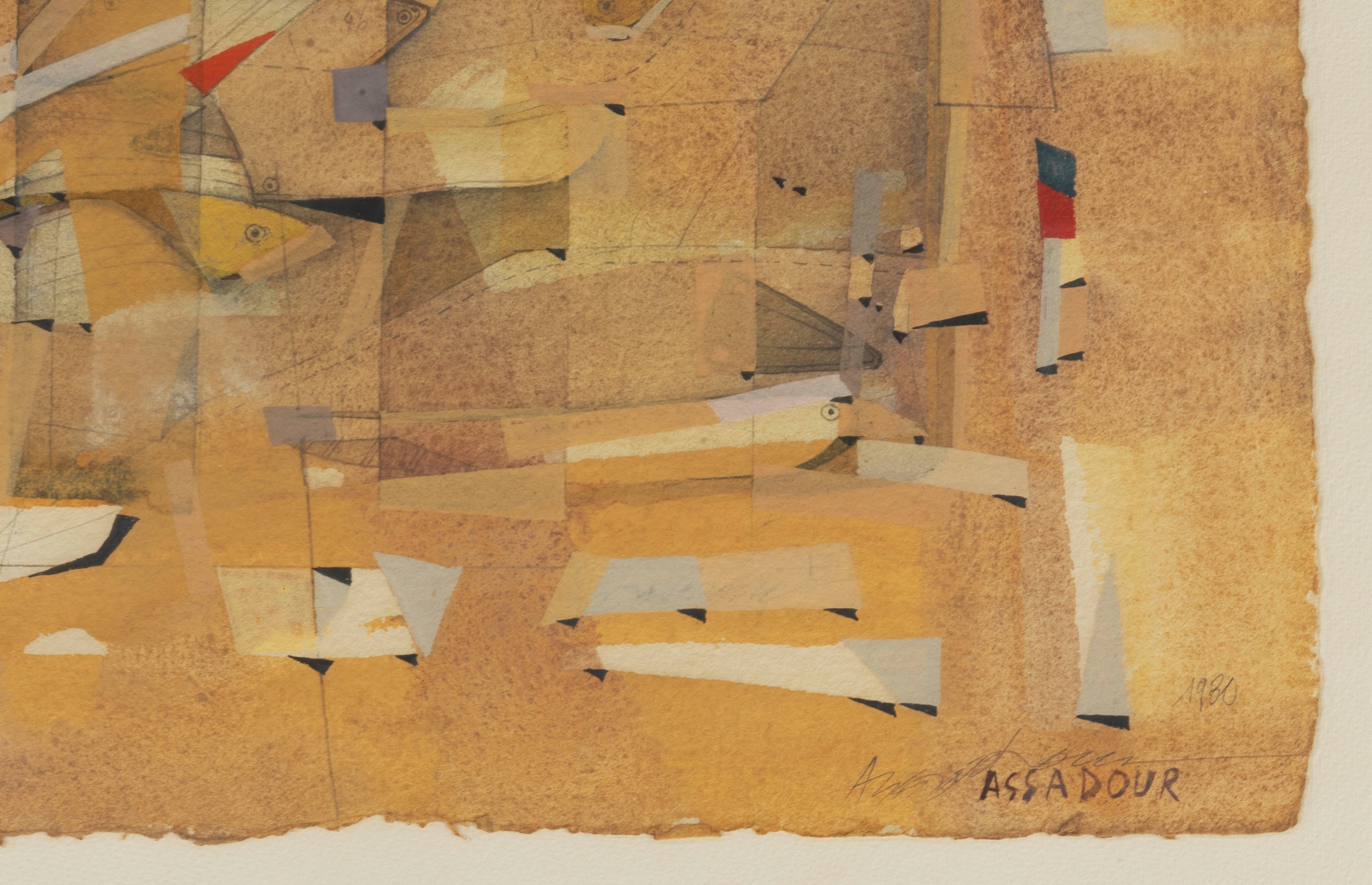 Firmato e datato 1980. "Senza titolo", acquarello e tempera su carta, cornicetta in noce