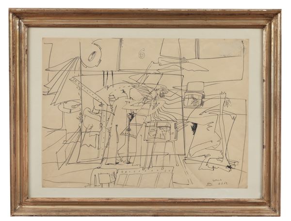 Valerio Adami - Firmato e datato 1962. "Spettacolo", disegno a matita su carta, cornice in legno dorato