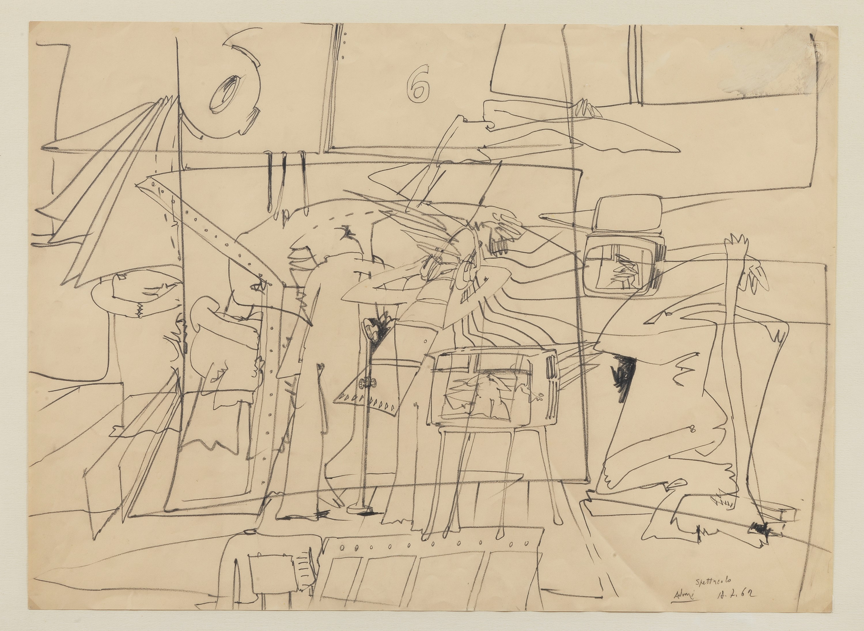 Firmato e datato 1962. "Spettacolo", disegno a matita su carta, cornice in legno dorato