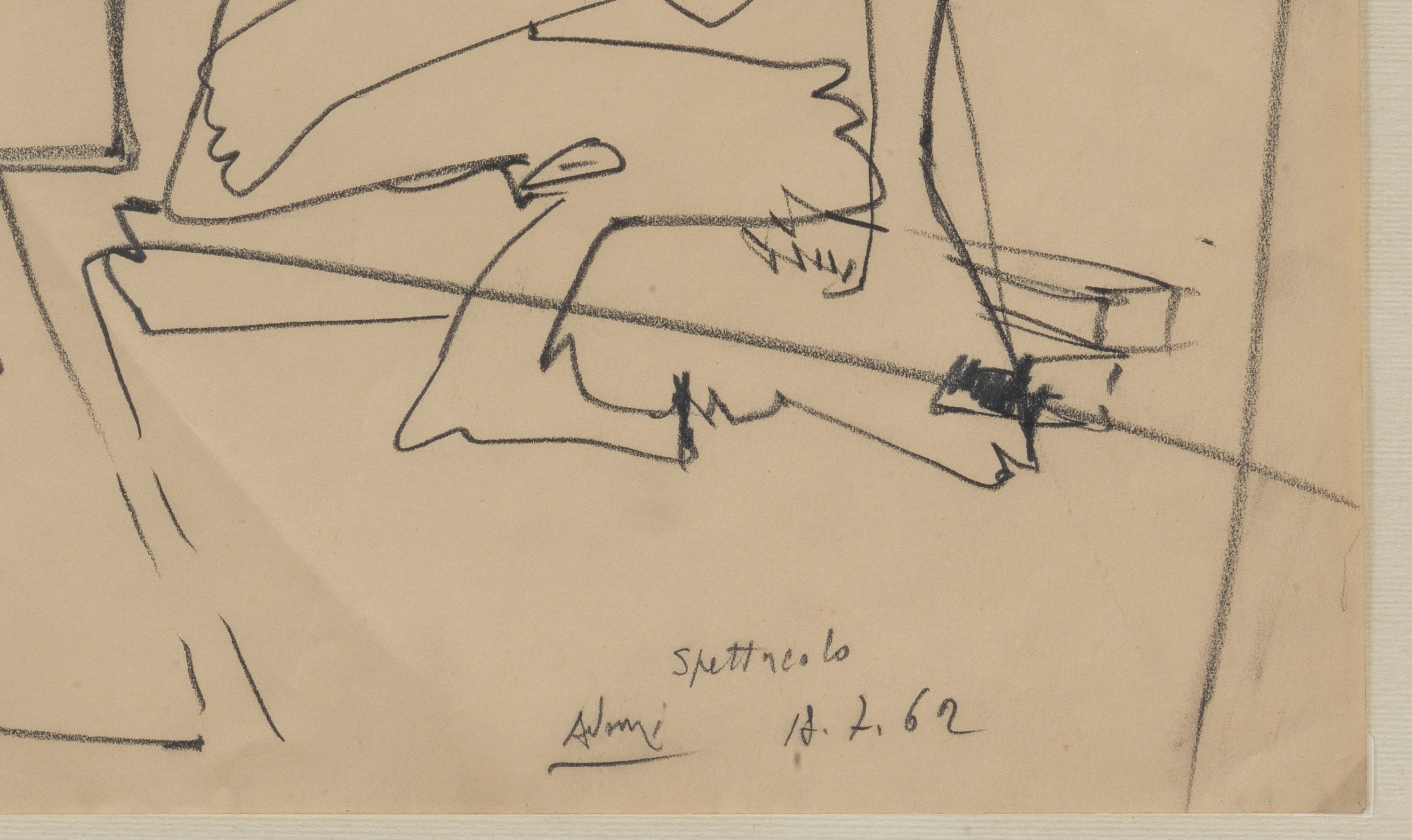 Firmato e datato 1962. "Spettacolo", disegno a matita su carta, cornice in legno dorato