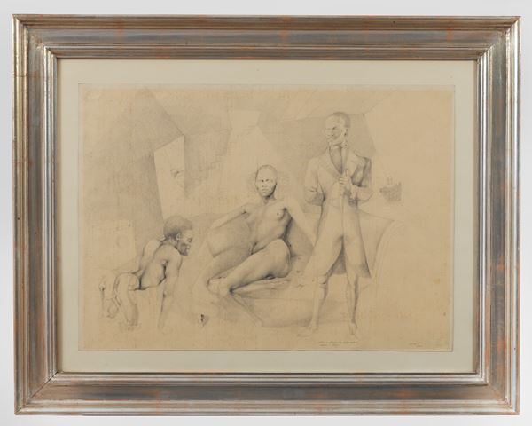 Ugo Attardi - Firmato e datato 1976. "Re africano in abiti inglesi", disegno a matita su carta, cornice in legno argentato