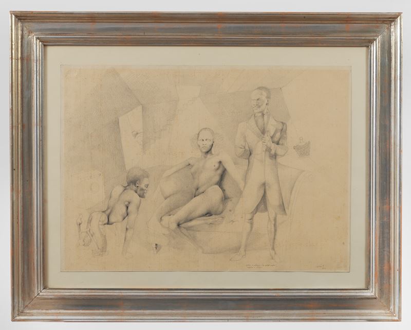 Firmato e datato 1976. "Re africano in abiti inglesi", disegno a matita su carta, cornice in legn...