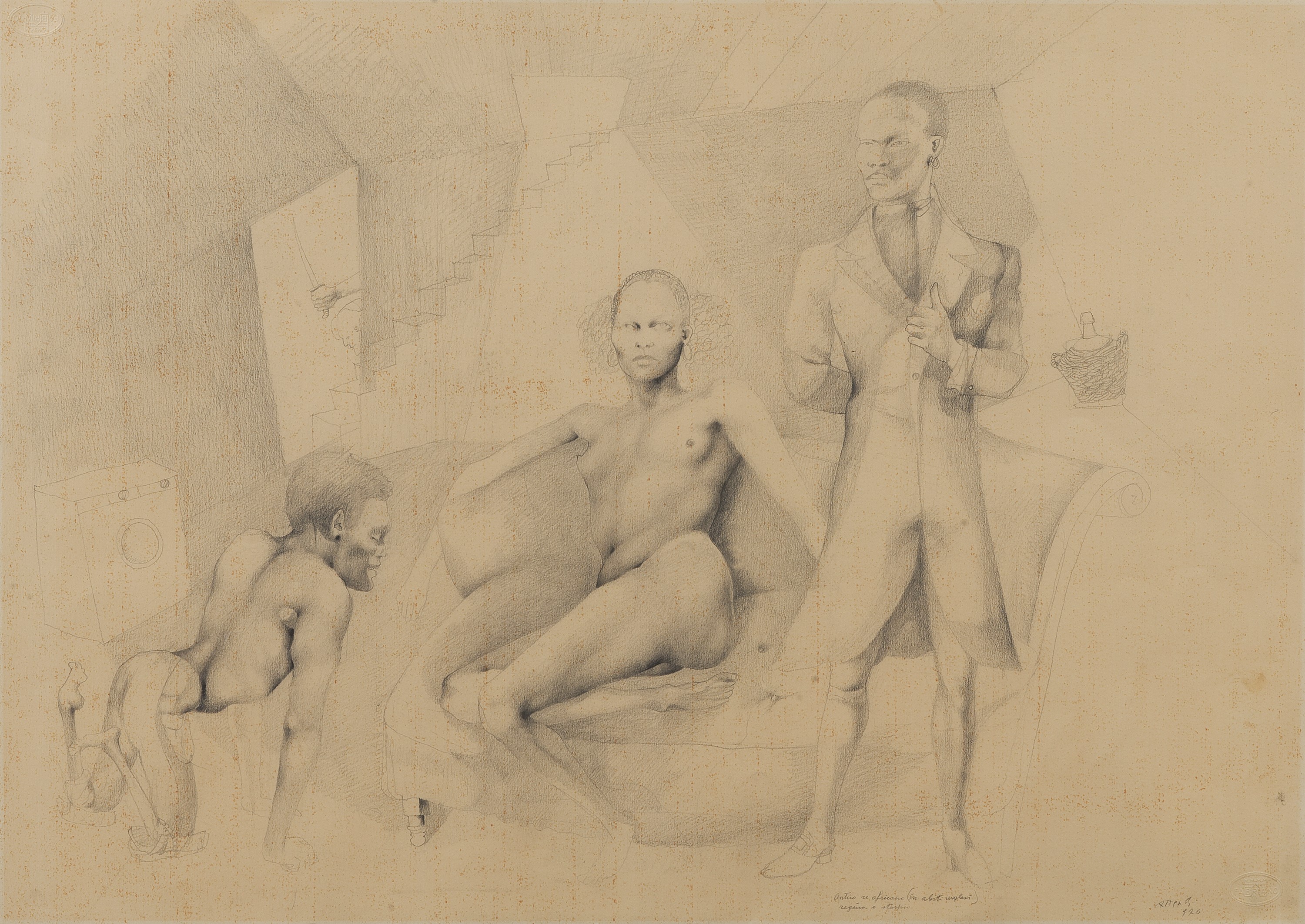 Firmato e datato 1976. "Re africano in abiti inglesi", disegno a matita su carta, cornice in legn...