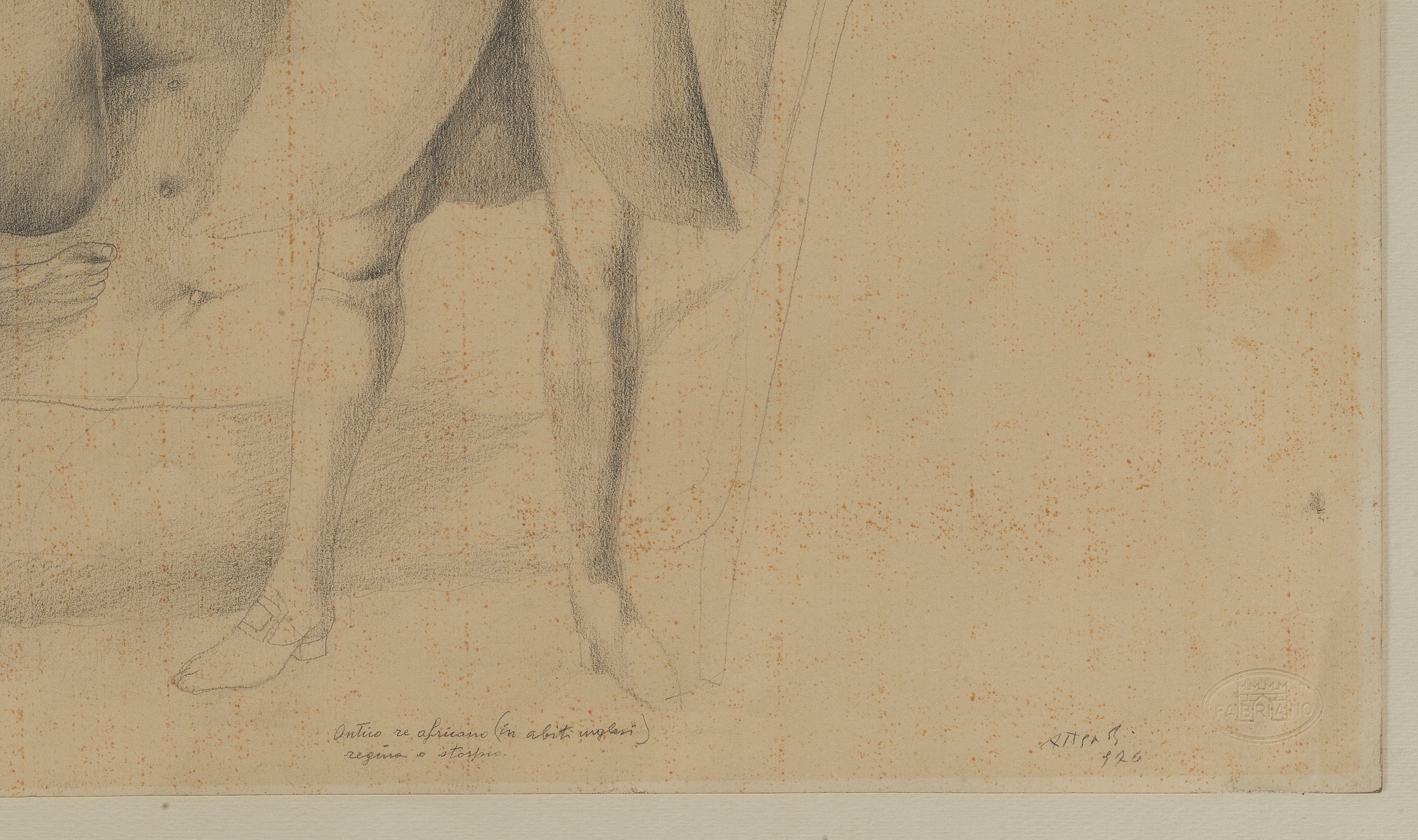 Firmato e datato 1976. "Re africano in abiti inglesi", disegno a matita su carta, cornice in legn...