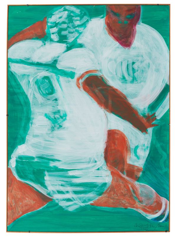 Titina Maselli - Firmata e datata 1987. "Calciatori", gouache su carta , cornice a giorno