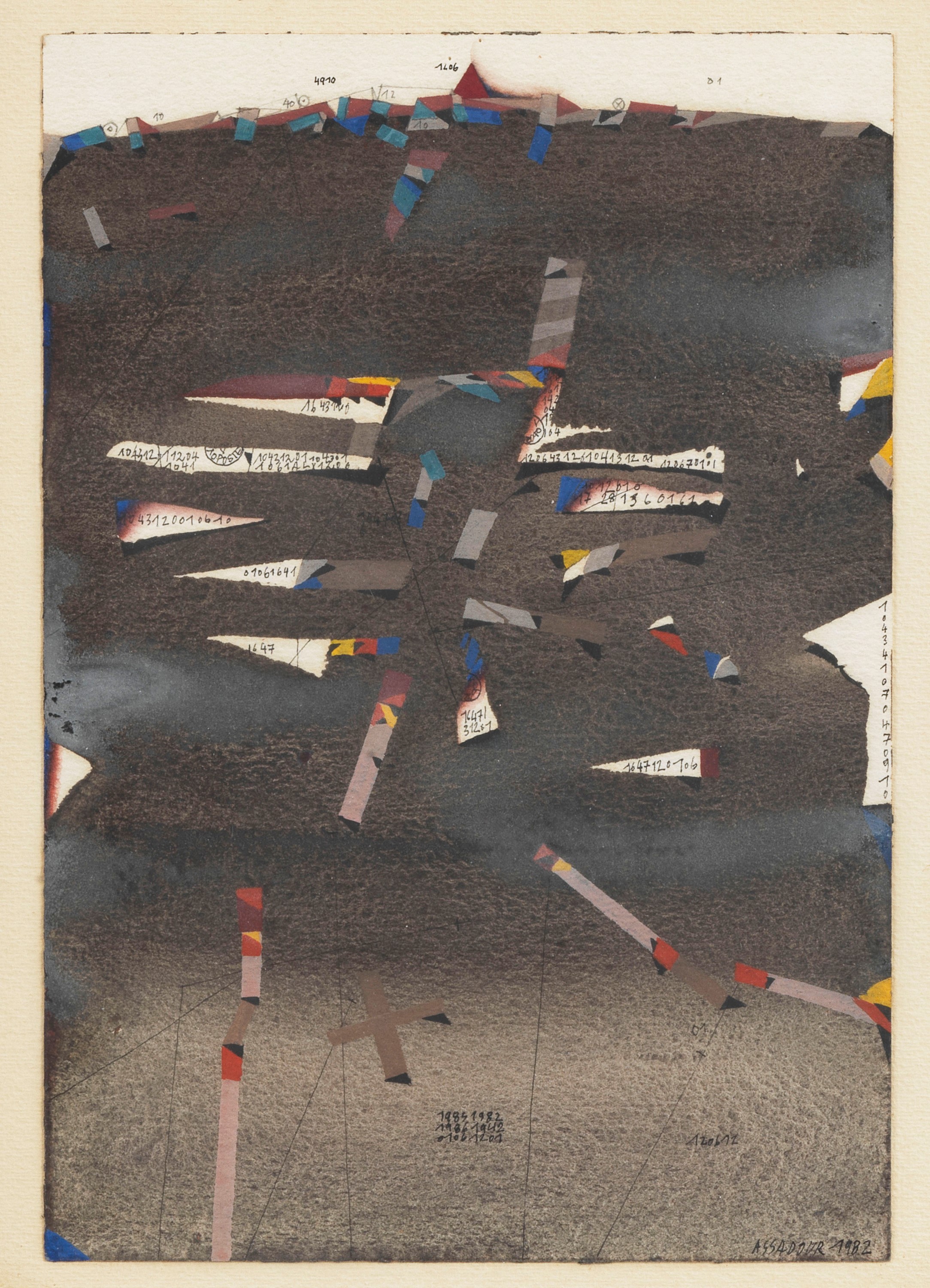 Firmato e datato 1982. "Senza titolo", acquarello e tempera su cartoncino, cornice in legno dorat...