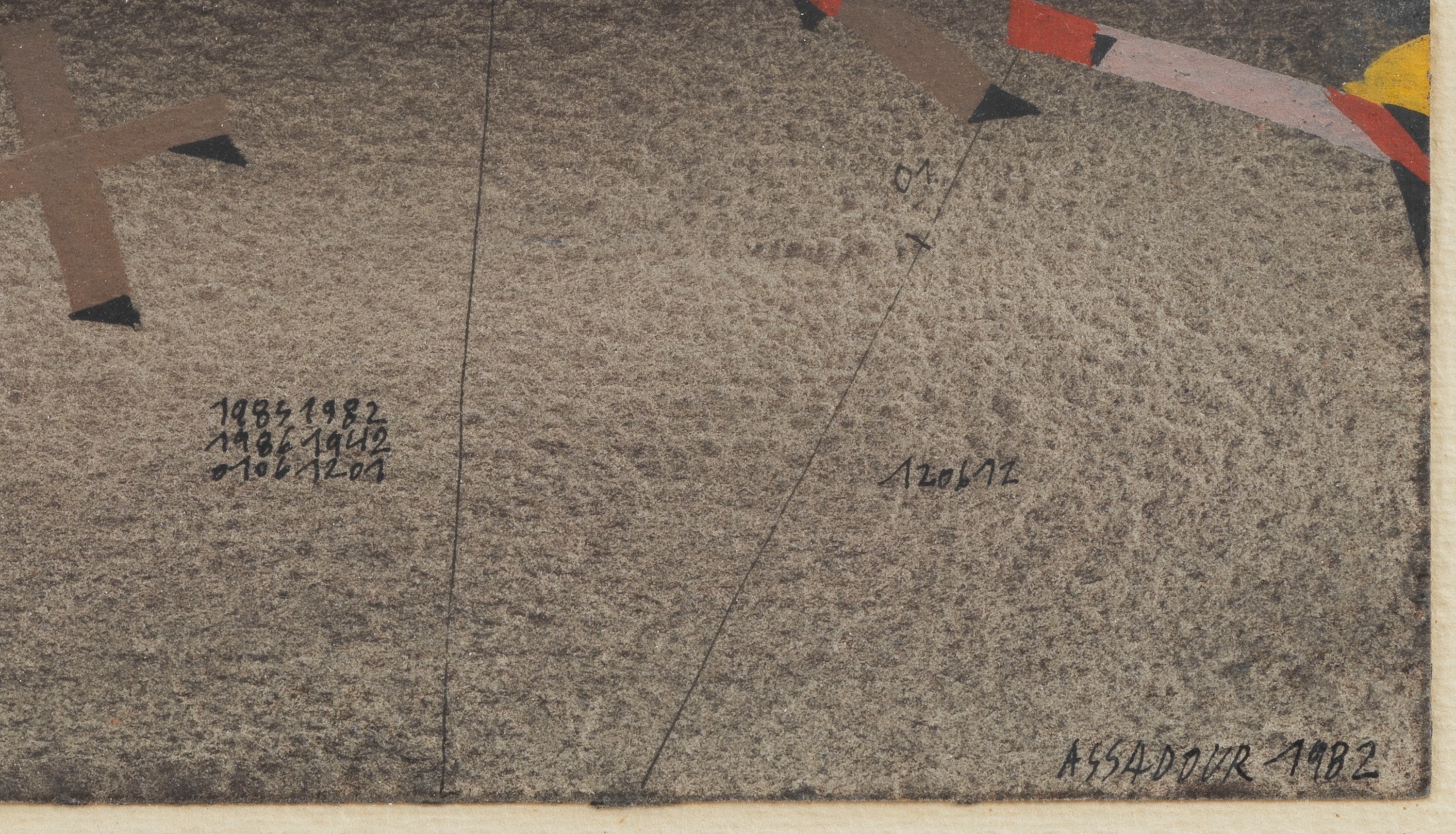 Firmato e datato 1982. "Senza titolo", acquarello e tempera su cartoncino, cornice in legno dorat...