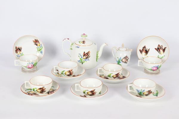 Antique Meissen porcelain lot, Marcolini Period, with polychrome decorations with flower motifs: coffee pot, milk jug and seven cups with saucers, some chipping (9 pcs). Late 18th Century