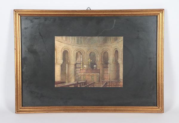 Scuola Italiana XIX Secolo - "Interno di cattedrale con altare", piccolo acquarello su carta in cornicetta dorata