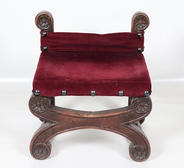 Model of a 17th century walnut armchair, covered in cardinal red velvet. Late 19th century