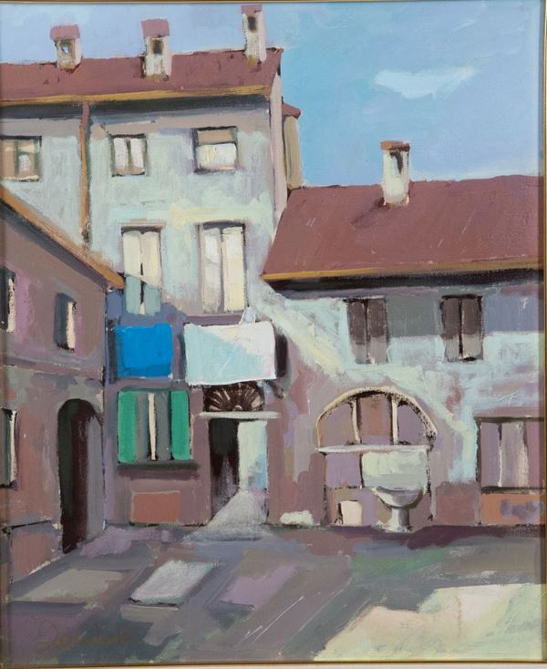 Luigi Zambelli - &quot;Town square with houses&quot;. Signed