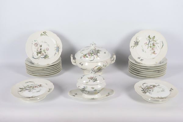 Remaining stock of French porcelain plates service CH.PILLIVUYT-Paris, with colourful decorations with floral interweaving motifs (20 pcs.)