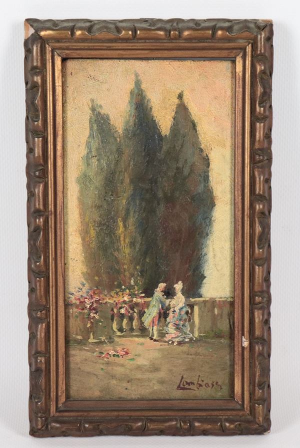 Pittore Francese XIX Secolo - Signed. &quot;Gallant scene in the park&quot;, small oil painting on panel in a gilded frame