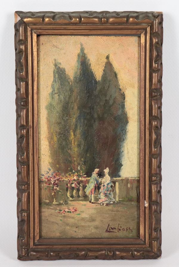 Pittore Francese XIX Secolo - Firmato. "Scena galante nel parco", piccolo dipinto ad olio su tavoletta in cornicetta dorata