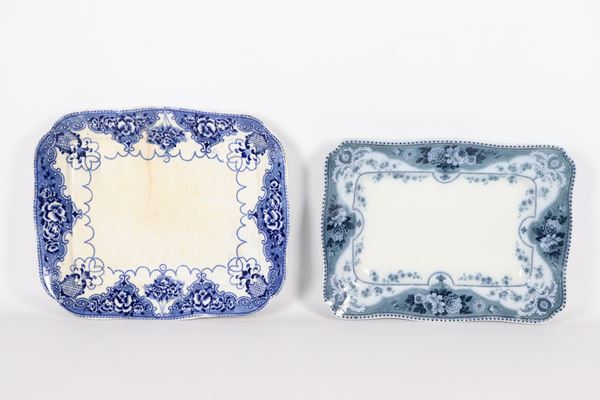 Lot of two antique English Victorian blue and white earthenware rectangular serving dishes. One dish has a break.