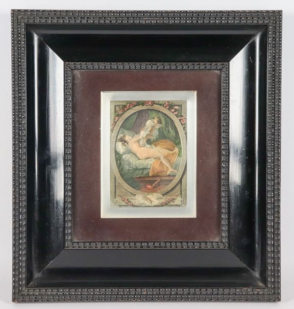 Antica incisione francese a colori su lastra argentata "Venere e Cupido", in antica cornice ebanizzata