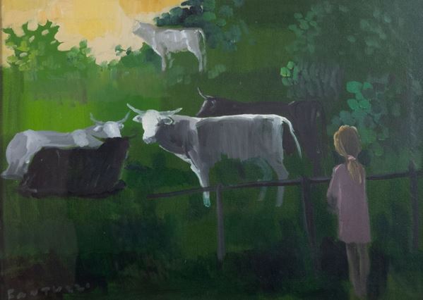 Eliano Fantuzzi - &quot;Country landscape with grazing oxen&quot;. Signed