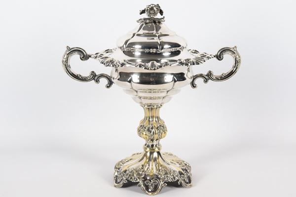 Antique large French sugar bowl in silver-plated metal, embossed and chiseled 