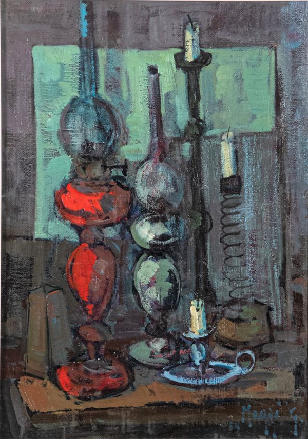 Gianpietro  Maggi - &quot;Still life with tableware, lights and candles&quot;. Signed