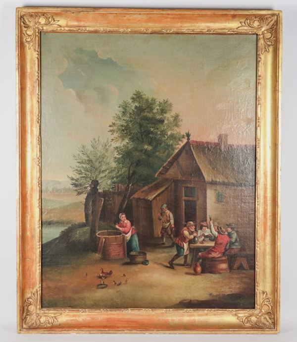 Scuola Fiamminga Inizio XIX Secolo - "Locanda con bevitori e oste", dipinto ad olio su tela in cornice in legno dorato e intagliato dell'epoca