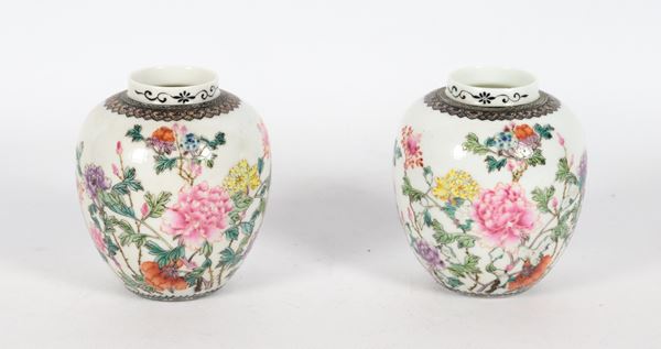 Pair of small Chinese vases in white porcelain, with relief enamel decorations with oriental flower motifs and inscriptions