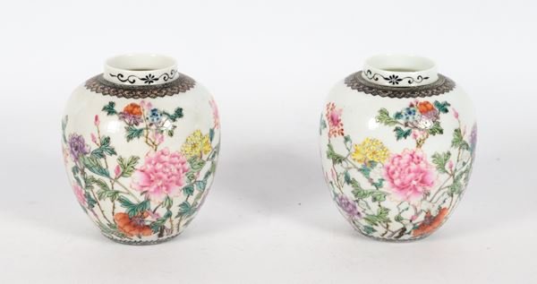 Coppia di piccoli vasi cinesi in porcellana bianca, con decorazioni smaltate a rilievo a motivi di fiori orientali e iscrizioni
