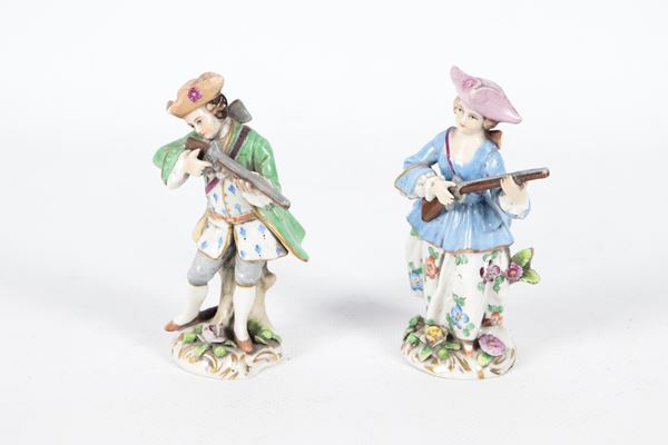 &quot;Hunter and Huntress&quot;, pair of polychrome porcelain figurines from Capodimonte