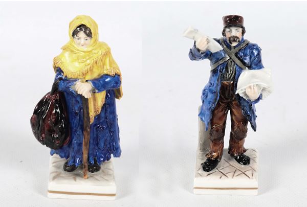 &quot;Newspaper Seller and Beggar Girl&quot;, Pair of Capodimonte Polychrome Porcelain Figurines