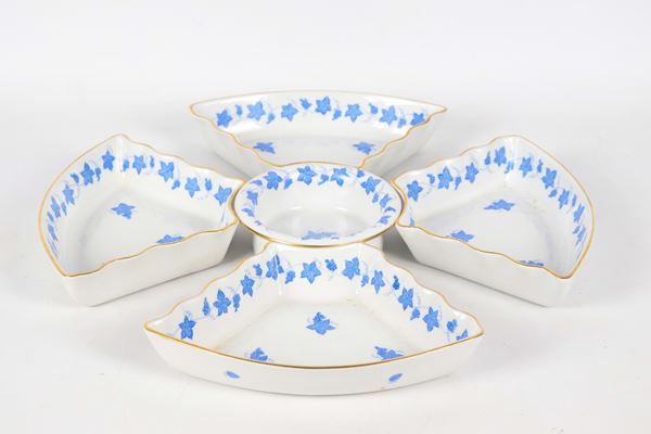 Herend porcelain appetizer plate with blue decorations of vines and bunches of grapes: one round bowl and four crescent-shaped bowls (5 pcs)