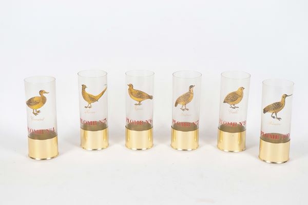 Lot of six French Liberty crystal hunting glasses, with game relief decorations, silver metal bases