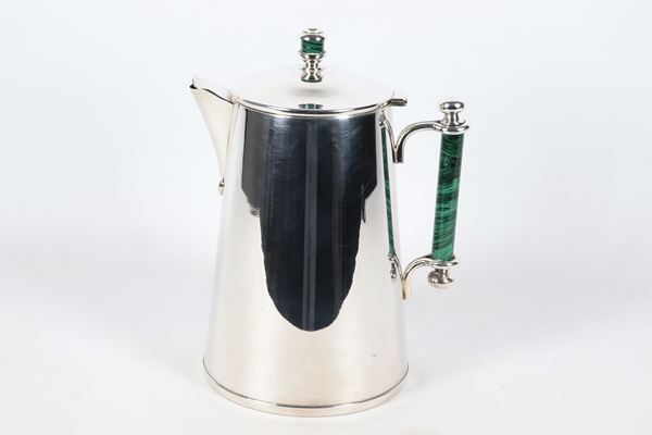 Large coffee pot in silver metal, with knob and handle covered in hard malachite stone