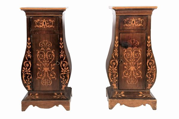 Pair of Sicilian Charles X bedside tables in the shape of a lyre, Smith Period