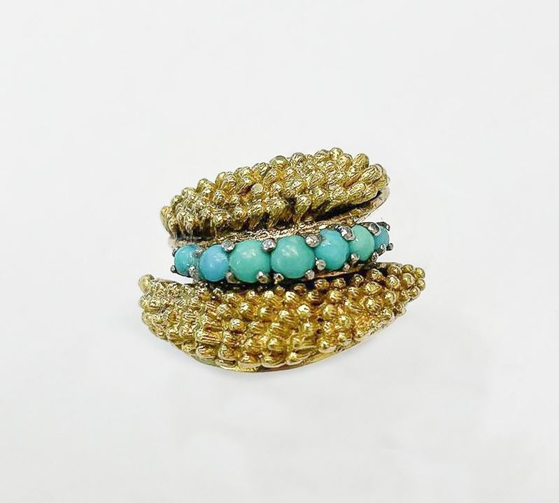 Anello contrariè in oro giallo 18kt con piccoli turchesi centrali, gr. 20