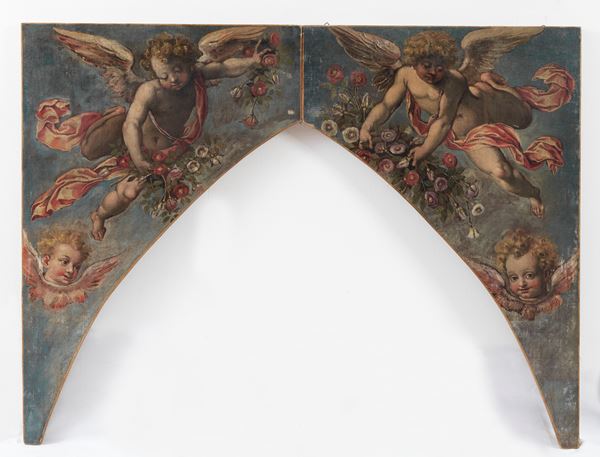 Scuola Romana Inizio XVIII Secolo - &quot;Allegory of little angels with floral garlands&quot;, overdoor with two crescents painted in oil on wood