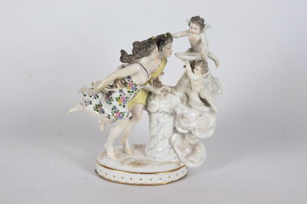 &quot;Allegory with Vestal Virgins and Cupids&quot;, antique group in coloured Vienna porcelain, missing parts. 19th century