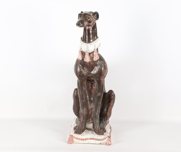 &quot;Greyhound&quot;, glazed, decorated and patinated terracotta sculpture. 1920s-1930s