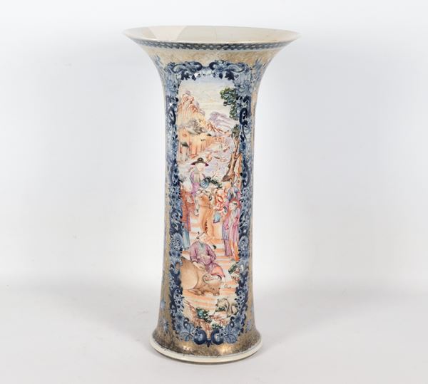 Antique Chinese porcelain trumpet vase, entirely decorated with relief enamels depicting scenes of oriental life, various breaks