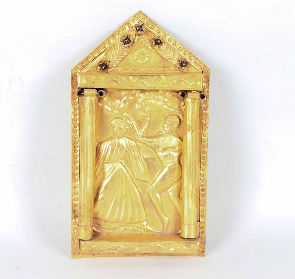 &quot;Scene from Ancient Greece&quot;, small antique gilded copper plaque, chiseled and embossed