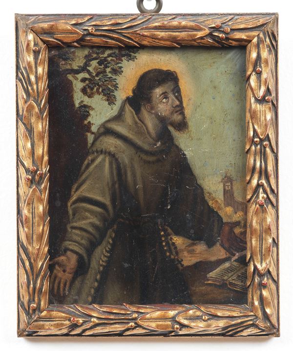 Scuola Italiana Inizio XVIII Secolo - "L'Estasi di San Francesco", piccolo dipinto ad olio su rame in cornicetta in legno dorato e intagliato