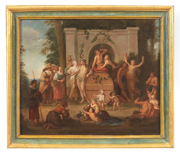 Scuola Emiliana Inizio XVIII Secolo - &quot;Architecture with Bacchanal&quot;, bright and fine oil painting on canvas in a gold and green lacquered frame