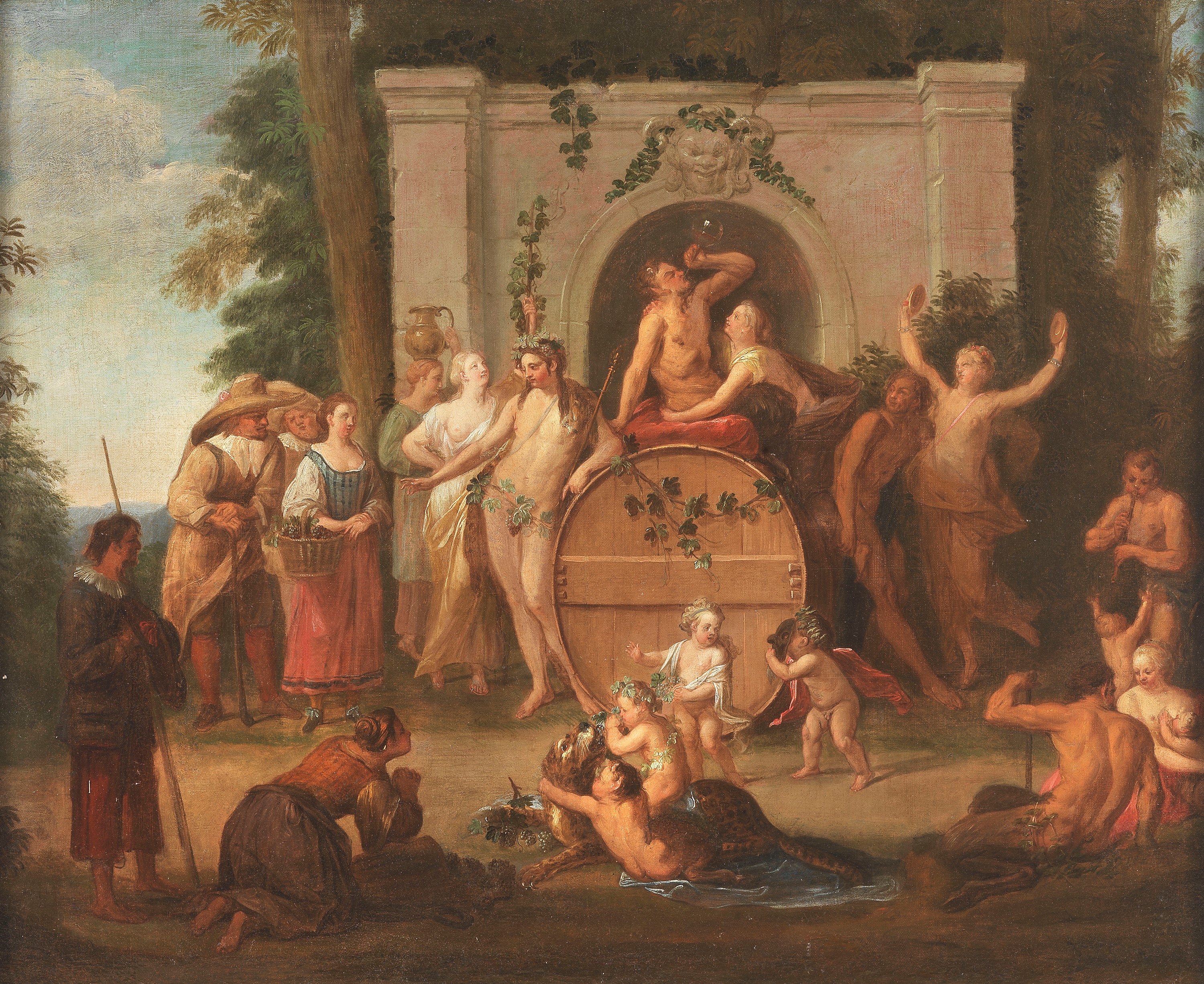 "Architettura con baccanale", luminoso e fine dipinto ad olio su tela in cornice dorata e laccata...