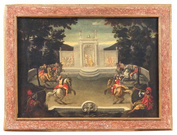 Scuola Veneta Fine XVII Secolo - &quot;Interior of a villa with a party of knights&quot;, oil painting on canvas in a gilded frame decorated with fake marble