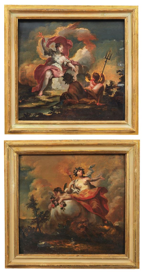 Scuola Genovese Inizio XVIII Secolo - "Allegorie mitologiche", coppia di dipinti ad olio su tela in cornici in legno dorato e patinato