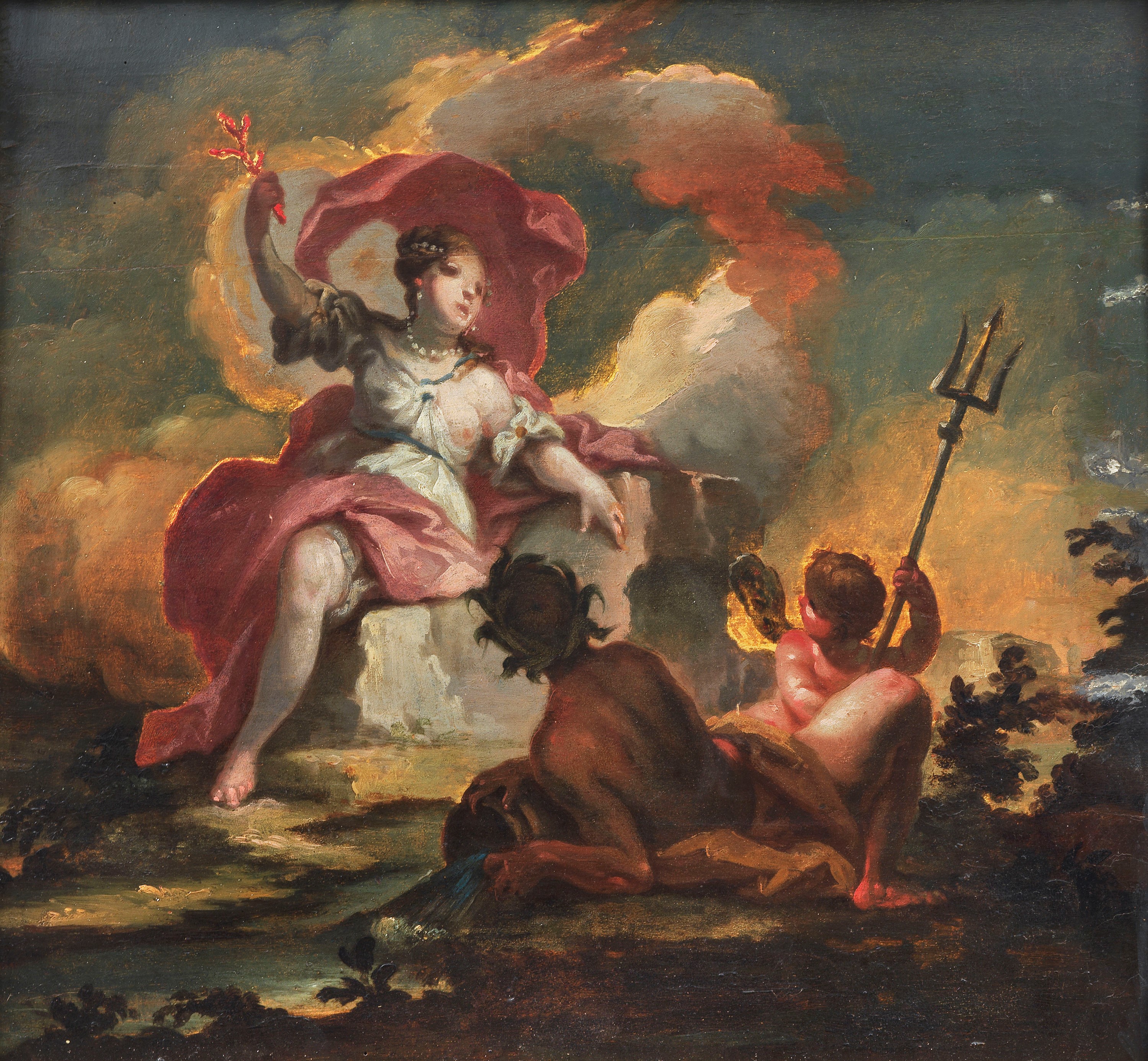 "Allegorie mitologiche", coppia di dipinti ad olio su tela in cornici in legno dorato e patinato