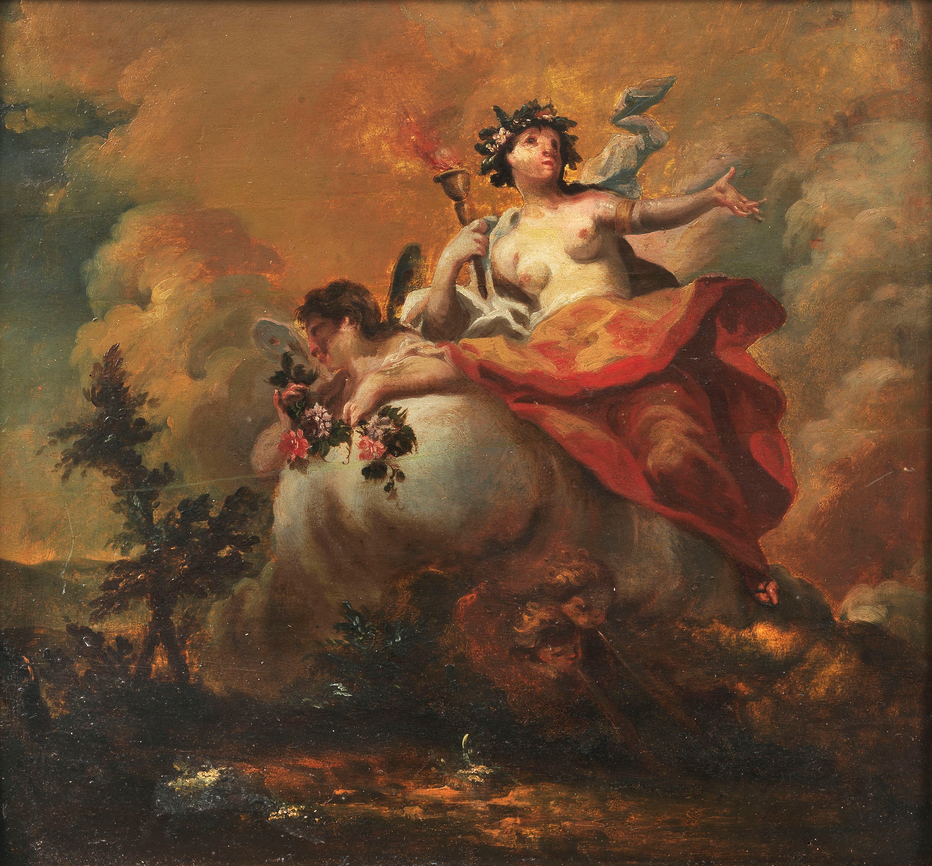 "Allegorie mitologiche", coppia di dipinti ad olio su tela in cornici in legno dorato e patinato